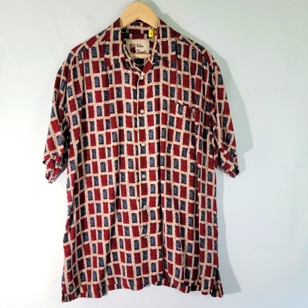 Retro Threads Red/Blue Color Block Button Front Shirt Sz XL Short Sleeve Lyocell